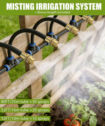 80FT Easy-Snap Garden Irrigation System for Raised Beds & Greenhouses, Upgraded 8mm (5/16") High-Flow PE Tubing with 30 Bendable 360° Copper Nozzles, Quick-Connect Plant Watering Kit (Not 1/4" Tube)