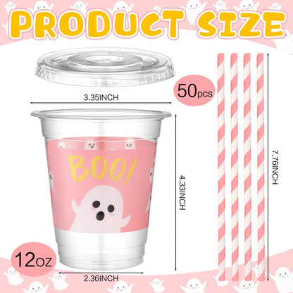 Jingmore 50 Pcs Halloween Ghost Party Disposable Plastic Cups 12 oz with Lids Straws Themed Party Supplies Plastic Tumbler for Birthday Table Decorations Favors(Pink)