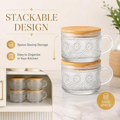 Semderm Vintage Glass Coffee Mugs Set of 2, Overnight Oats Containers with Bamboo Lids and Spoons - 14oz Clear Tea Cups for Cappuccino Latte Americano Cereal Yogurt Beverage