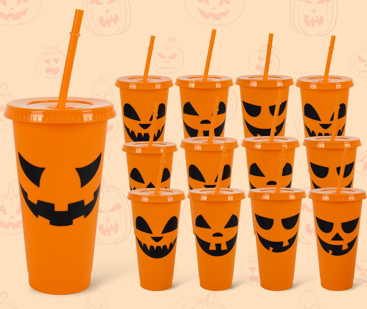 JarThenaAMCS 24Pcs Halloween Plastic Cups with Straws Lids Orange Pumpkin Plastic Tumbler Spooky Festive Cold Cups for Home Office Halloween Party Supplies