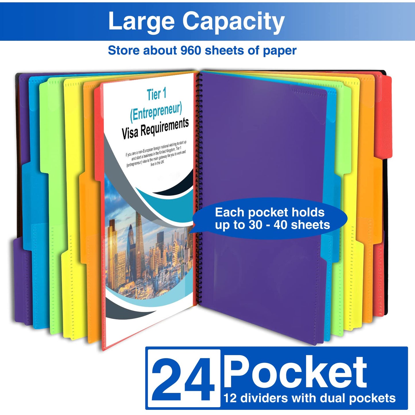 Forvencer 24 Pocket Project Organizer, 1/3-cut Tab Binder Organizer with Sticky Labels, Multi Pocket Folder with Zipper Pouch, Folder Binder Spiral Pocket Notebook, Office Supplies