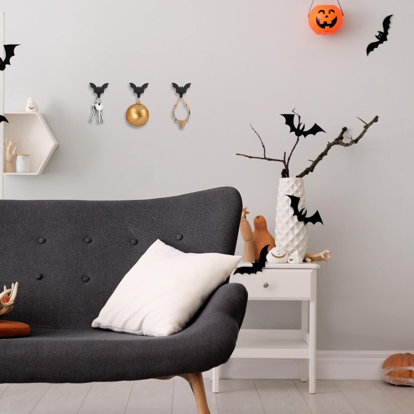 MOROBOR Bat Coat Rack Wall Mount, 8pcs Self Adhesive Towel Hooks Heavy Duty Iron Waterproof Hangers Halloween Gothic Home Decor Hooks No Drill Stick on Hooks/Black
