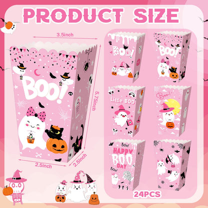 Gueevin 24 Pcs Halloween Popcorn Boxes Pink Ghost Treat Boxes Candy Cookie Holder Container for Halloween Party Favors Supplies Decorations