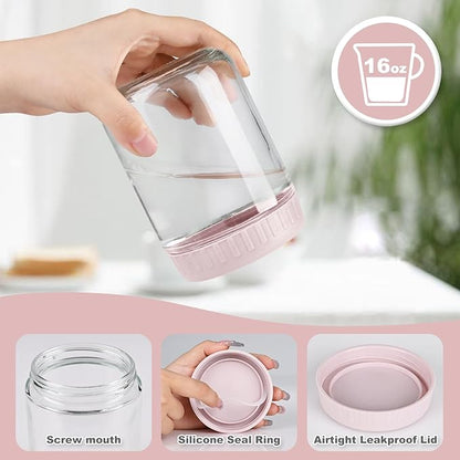 SHOWIN Overnight Oats Containers with Lids, 16oz Glass Jars with Lids 4 pcs, Pink, Wide Mouth Mason jars for Salad, Yogurt, Snacks, Meal Prep