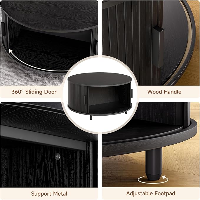 ONBRILL Round Coffee Table with Storage, 31.5" Modern Coffee Table with 360° Curved Sliding Door, Fluted Wood Accent Coffee Table with Adjustable Footpads, Round Center Table for Living Room, Black