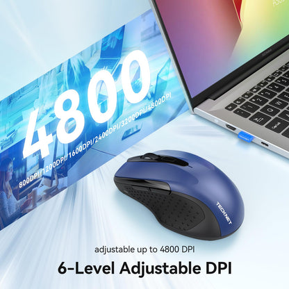 TECKNET Rechargeable Jiggler Wireless Mouse (BT5.0/3.0 & 2.4G) 4800 DPI Silent USB A & Bluetooth Mouse 6 Buttons, Wide Compatibility - Black