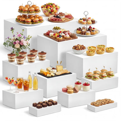 Leinuosen 10 Pcs Extra Large Acrylic Buffet Risers for Food Display Stands Box, Rectangle Catering Dessert Table Risers Decorative 7 to 16 Inch, Hollow Bottom for Weeding Brunch Party Supplies(White)