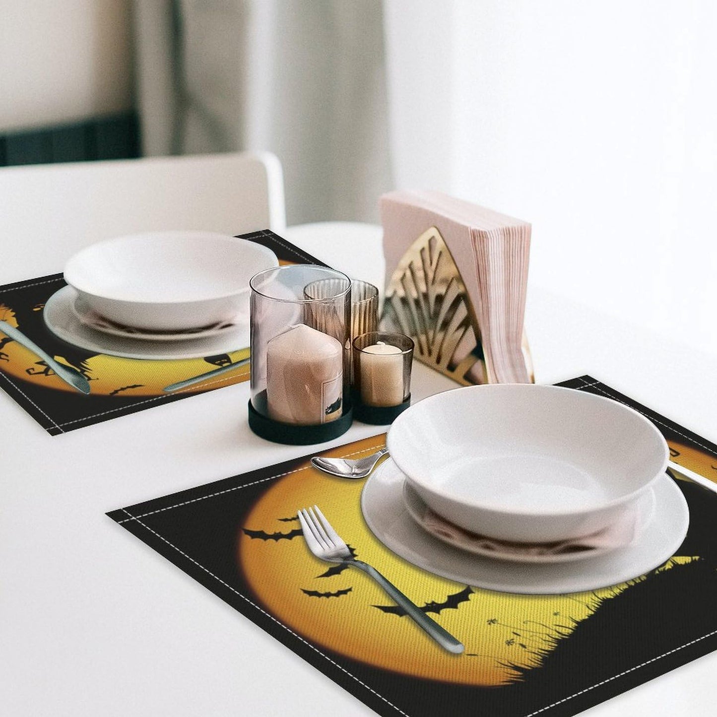 Halloween Placemats Set of 4, 17x12 Inch Orange Moon Scary Pumpkins Bats Owls Black Silhouette Table Mats for Home Party Kitchen Dining Decor