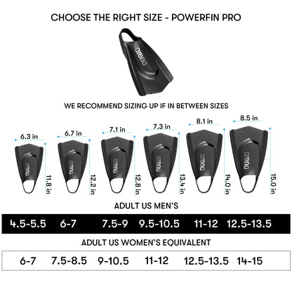 Arena Unisex Adult Powerfin Pro II Swim Training Fins Men and Women Silicone Short Blade Flippers Left/Right Customized, Blue, Size 9.5-10.5