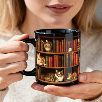 Palasarkaaa Cat Bookshelf Coffee Mug Gifts for Book Lovers, Book Lover Bookish Gifts for Bookworm Women Readers Librarian Writer, Cat Lovers Black Mugs 11oz