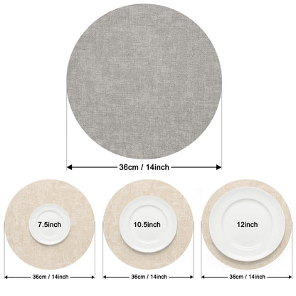 Myir JUN Reversible Vinyl Round Placemats Set of 8, Faux Leather Place Mats Dual Sided Waterproof Wipeable, Heat-Resistant Table Mats for Kitchen Dining Indoor Outdoor (14", Light Gray Cream-White)
