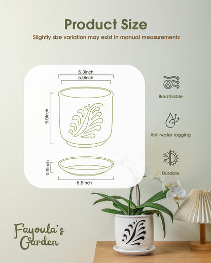 Fayoula Ceramic Orchid Pot, 6 Inch Orchid Pots with Holes and Saucer for Indoor/Outdoor Plants Drainage & Air Circulation, White Orchid Planter for Repotting or New Plants
