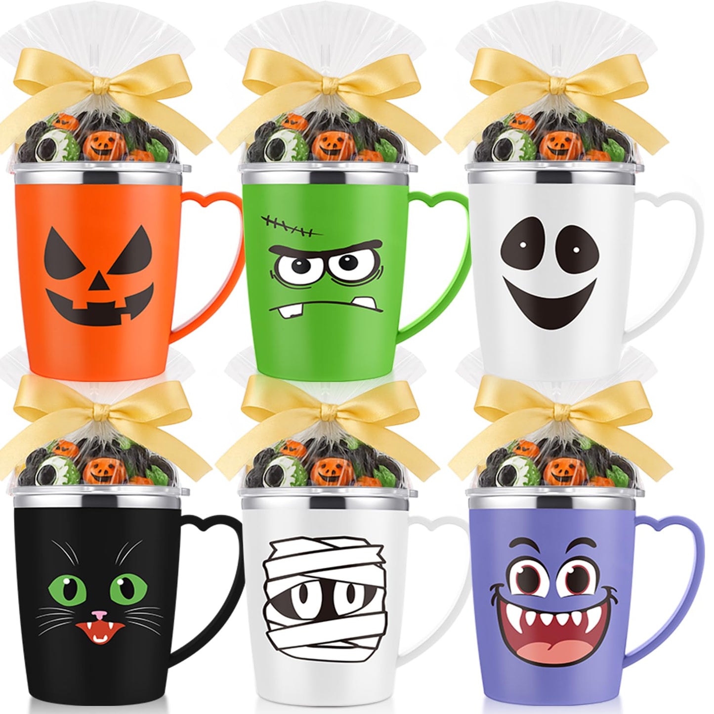 Patelai 6 Sets Halloween Coffee Mugs Cups 16 oz Halloween Stainless Steel Insulated Tumblers Bulk with Handle Lid Straw Brushes Clear Opp Bags Ribbons Spooky Black Cat Ghost Trick or Treat Party Gifts