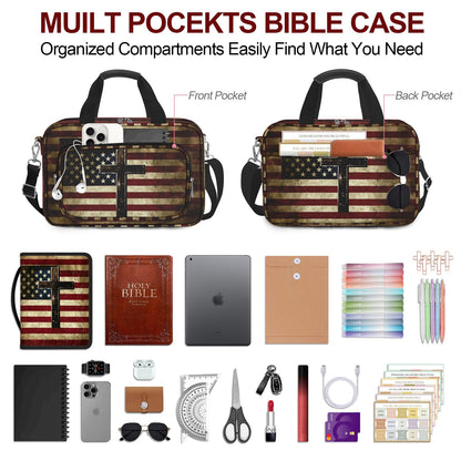 American Flag Cross Bible Cover Case for Women Men Boys, Large Bible Bag Book Carrying Case with Strap & Handle Zipper Pocket, Bible Study Supplies Journaling Kit, Highlighters and Pens Cross Clips