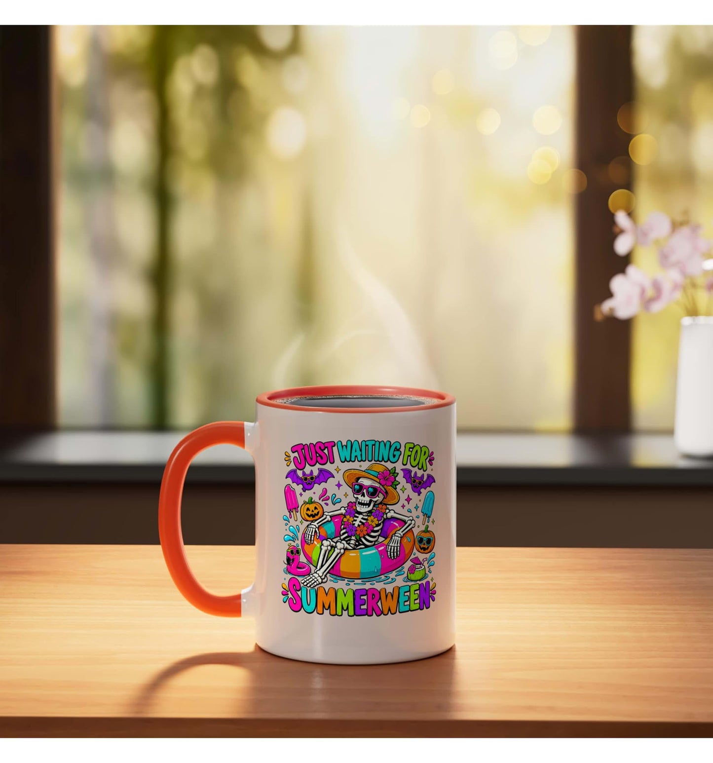 Just Waiting For Summerween Funny Halloween in Summer Quote Ceramic Mug, Orange/White