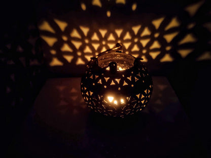 eTroves Handmade Moroccan Lanterns Hanging & Table Top Tea Light Candle Holder Round Tealight Stand for Indoor Outdoor Golden Hanging Tea Light Holder