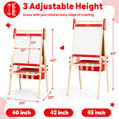 Belleur All-in-One Art Easel for Kids, Adjustable Double Sided Easel for Toddlers with Magnetic Whiteboard & Dry-Erase Chalk Board & Paper Roll, Child Painting Easel for Kid 2-8 Birthday Gift - Red