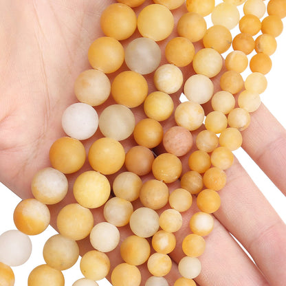Natural Matte Yellow Jade Beads, 8MM Round Frosted Unpolished Loose Gemstone Beads for Bracelet Necklace Jewelry Making, Energy Stone Healing Power with Stretch Beading Cord
