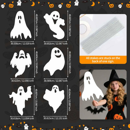 EIGHTSTATES 5pcs Halloween Ghost Yard Signs with Stakes - Black - Plastic & Wood - 12"x15" - Outdoor Garden Lawn Decor - Halloween Party Favor