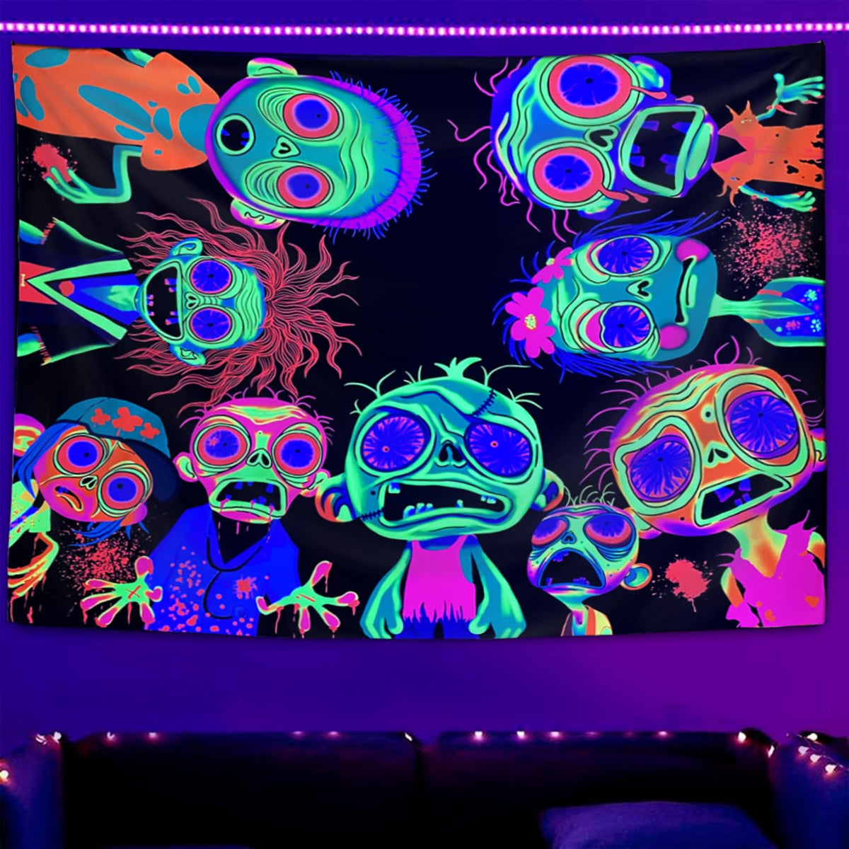 Horror Tapestry Blacklight Tapestry for Bedroom Zombie Crowd Around Tapestries UV Reactive Poster Glow in the Dark Walker Undead Ghoul Tapestries Wall Hanging Halloween Decor Scary Room Decor 90"x71"