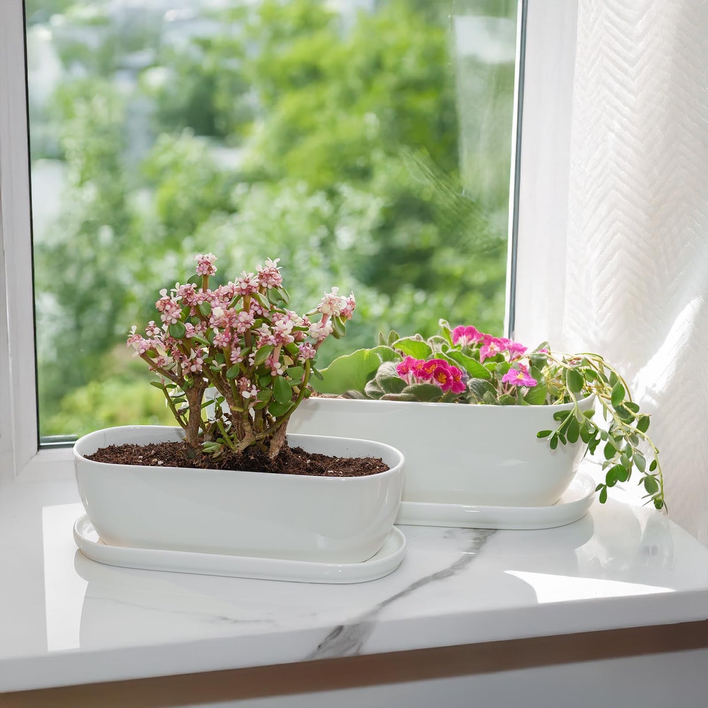 E-liu Oval Ceramic Planter Pot with Drainage Hole Saucers 14 Inch Succulents Planter Home Decor for Indoor Outdoor Plants Herb Cactus with 3 Mesh Pads, Plants Not Included, Black