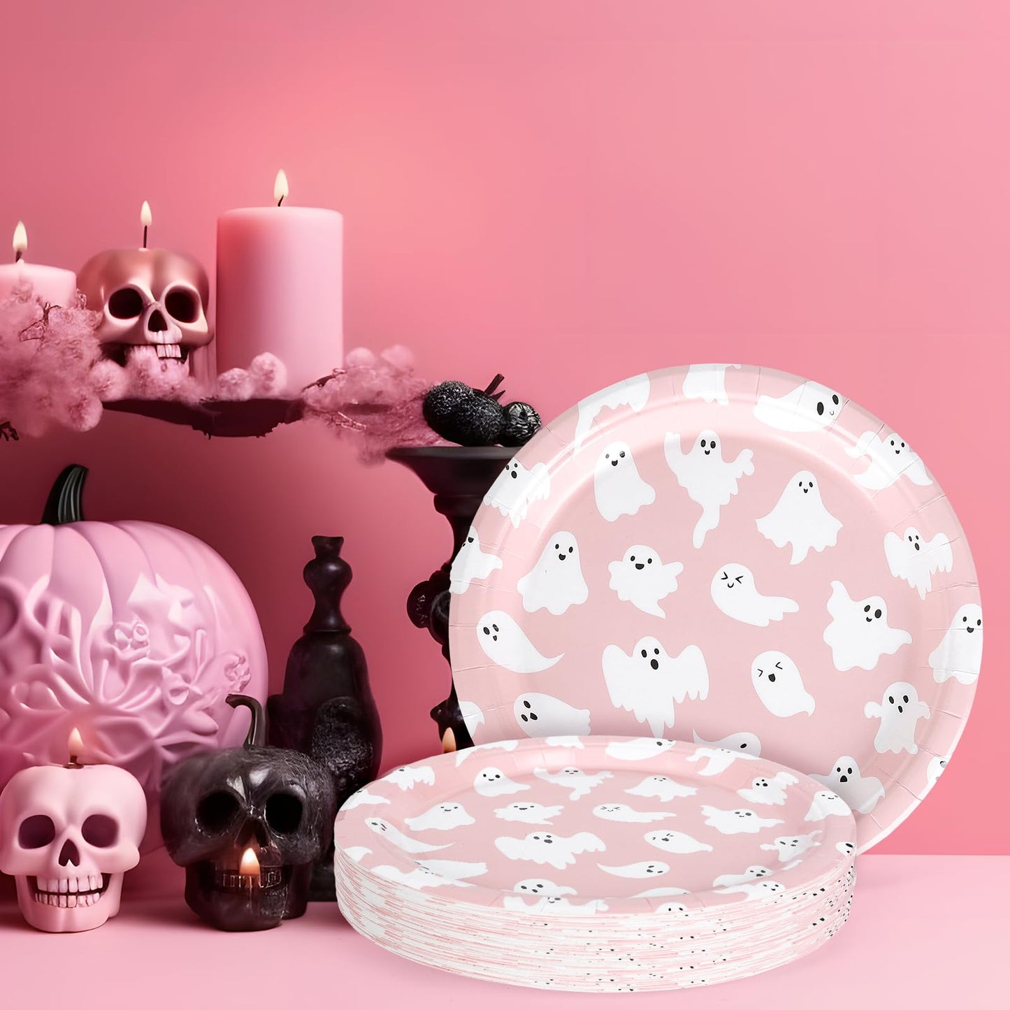 Whaline 40Pcs Halloween Paper Plates Pink Ghost Disposable Plates 9 Inch Cute Cartoon Ghost Decorative Round Plate for Halloween Summerween Party Birthday Baby Shower Table Decor