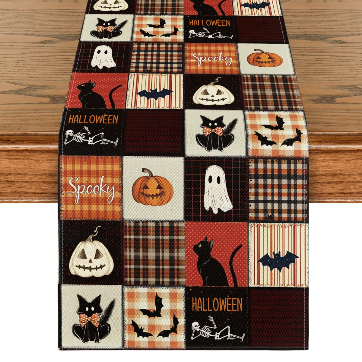 Artoid Mode Black Cat Bat Pumpkin Spooky 210 GSM Halloween Table Runner, Ghost Kitchen Dining Table Decoration for Home Party Decor 13x120 Inch