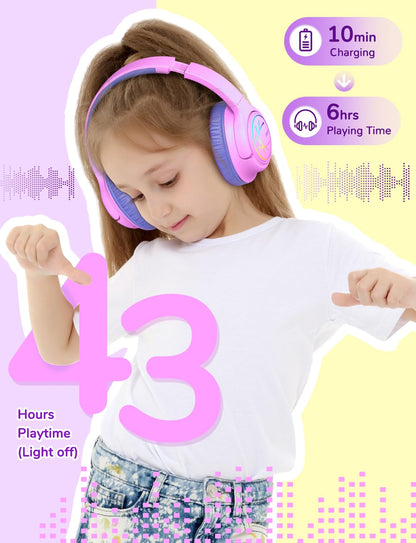 iClever Kids Bluetooth Headphones with LED Lights, BTH18 Safe Volume 74/85dBA, 43H Playtime, Bluetooth5.3 Kids Headphones Wireless Aux Cord for iPad/Tablet/Travel/School, Pink/Blue