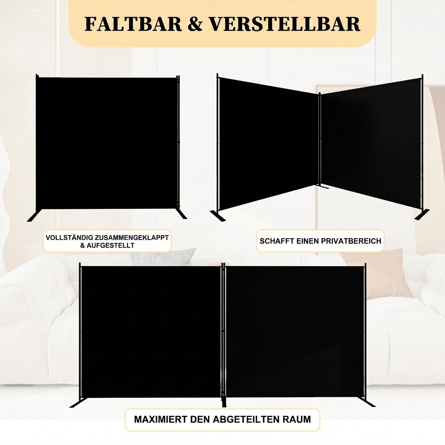 T&Jero 2-Panel Folding Room Divider, 6ft Tall Portable Privacy Screen Wall for Home and Office, Modern Freestanding Partition Separator for Bedroom, Studio, 142" Wide x 71" High, Black