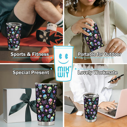 MIXWIT 20oz Rainbow Skull Stainless Steel Insulated Tumbler with Lid Colorful Floral & Butterflies Gothic Punk Style Coffee Travel Mug Cup Birthday Halloween Christmas Skull Gifts for Women