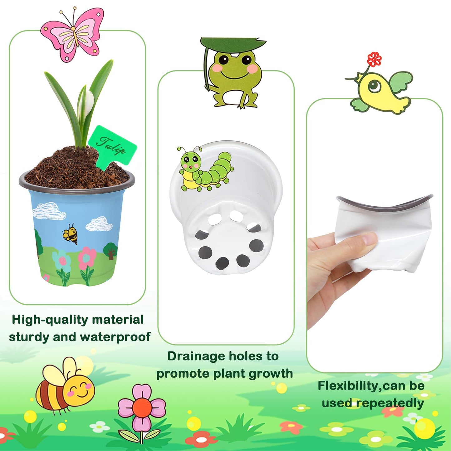 Garden Plastic Pot Craft Kit 50 Nursery Pots with 32 Stickers 50 Plant Labels 4 Painting Tools and 1 Ribbon for Flower Plant Spring Summer Graduation DIY Crafts Painting Gardening Growing Tools