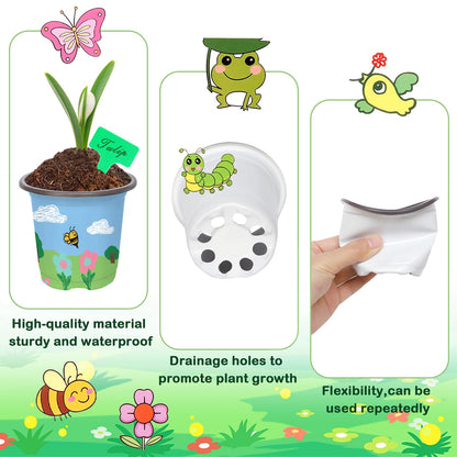 Garden Plastic Pot Craft Kit 50 Nursery Pots with 32 Stickers 50 Plant Labels 4 Painting Tools and 1 Ribbon for Flower Plant Spring Summer Graduation DIY Crafts Painting Gardening Growing Tools
