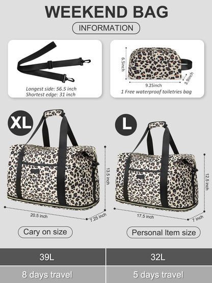 Expandable Travel Duffle Bag, Waterproof Weekender Overnight Bags for Women Men Hospital Bag for Women Labor Delivery Carry on Bag with Toiletry Bag for Travel Gym Airplanes(Leopard, Large)