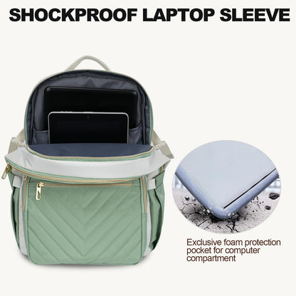 VANKEAN Laptop Backpack for Women with Pouch Pocket for Large Capacity Tumbler, 15.6 Inch Laptop Computer Bag Travel Backpack Purse,Waterproof Work Business College Teacher Bags, Beige-Light Green