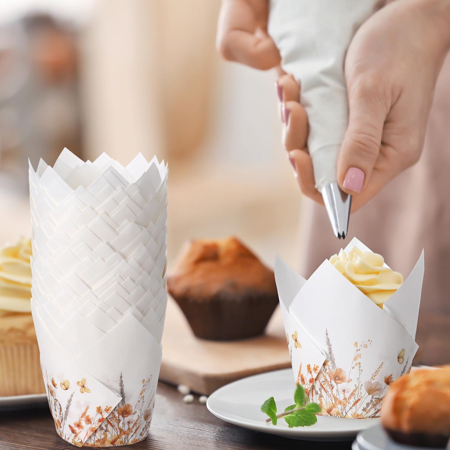 Maxdot 200 Pcs Fall Floral Tulip Cupcake Liners for Baking Autumn Wildflower Paper Muffin Baking Cups Flower Tulip Muffin liners Wrappers for Thanksgiving Baby Shower Wedding Birthday Party Decor
