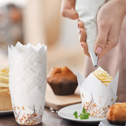 Maxdot 200 Pcs Fall Floral Tulip Cupcake Liners for Baking Autumn Wildflower Paper Muffin Baking Cups Flower Tulip Muffin liners Wrappers for Thanksgiving Baby Shower Wedding Birthday Party Decor