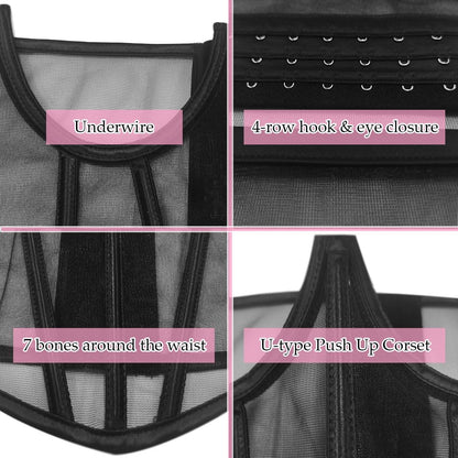 TOPMELON Black Corset Belt Waist Cincher Boned Mesh Underwire Short Torso Underboob Corset XL