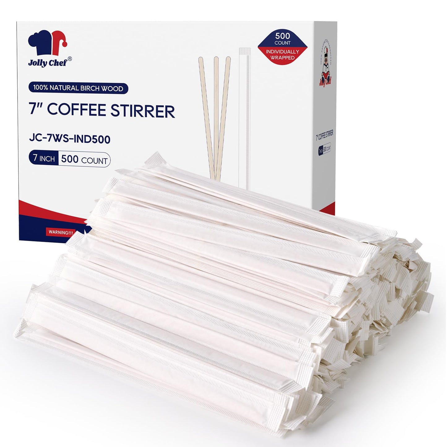 JOLLY CHEF 7 inch Wooden Coffee Stirrers 500 Count Individually Wrapped Stir Sticks Birch Stirring Sticks for Cafe, Bar
