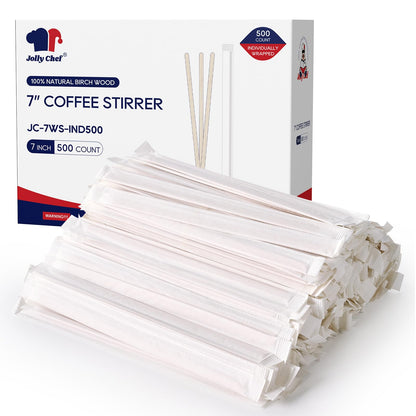 JOLLY CHEF 7 inch Wooden Coffee Stirrers 500 Count Individually Wrapped Stir Sticks Birch Stirring Sticks for Cafe, Bar