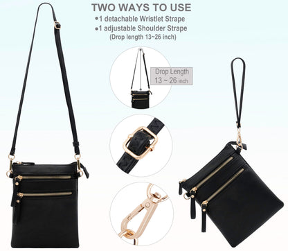Solene Women's Faux Leather Organizer Multi Zipper Pockets Handbag With Detachable Wristlet Crossbody Bag-WU002(Black)