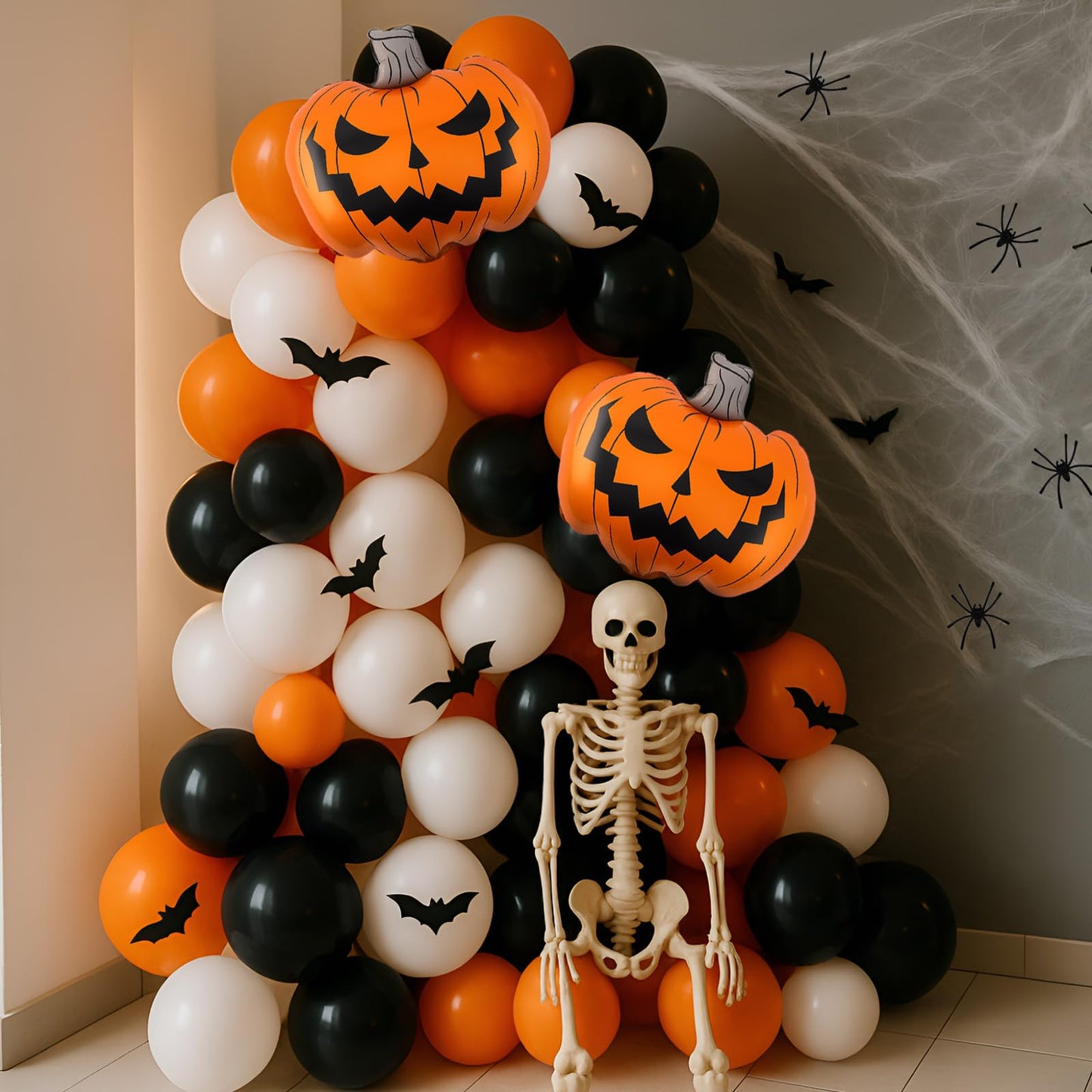 Arrowbash Halloween Balloon Garland Arch Kit 5/10/12/18 Inch Orange and Black White Balloon Arch with 2 Foil Pumpkin Decor, PVC Bats & Spider Web for Halloween Party Decorations(Classic)
