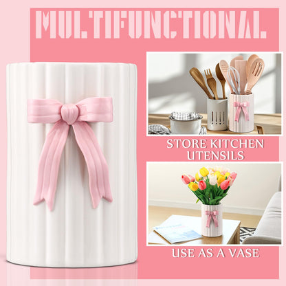 LemonRoad Pink Bow Ceramic Utensil Holder 3D Coquette Handmade Pink Kitchen Decor Gifts for Mom Cooking Utensil Crock with Scalloped Preppy Caddy Pen Holder Vase Back to School