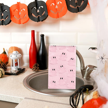 Whaline 2Pcs Halloween Hand Towel Pink 3D Ghost Jacquard Cotton Towel Absorbent Dish Towels for Kitchen Bathroom Drying Cleaning Cooking, 13.8 x 29.5 Inch