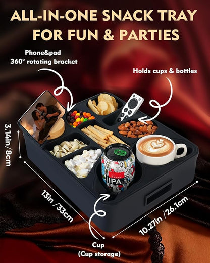 Couch Cup Holder Tray Dual Cup Silicone Organizer – Waterproof Anti-Slip Snack & Drink Tray for Sofa, Bed, Car & Camping, Dishwasher Safe Funny Gift