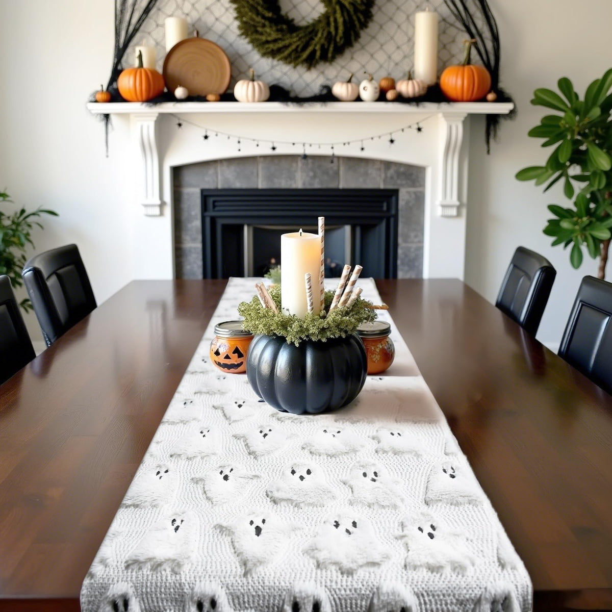 Halloween Table Runner 13x72 Inch Ghost Soft Plush Faux Fur Halloween Table Runner Hallowee Home Decor, Holiday Kitchen Dining Table Decoration for Home Party Decor