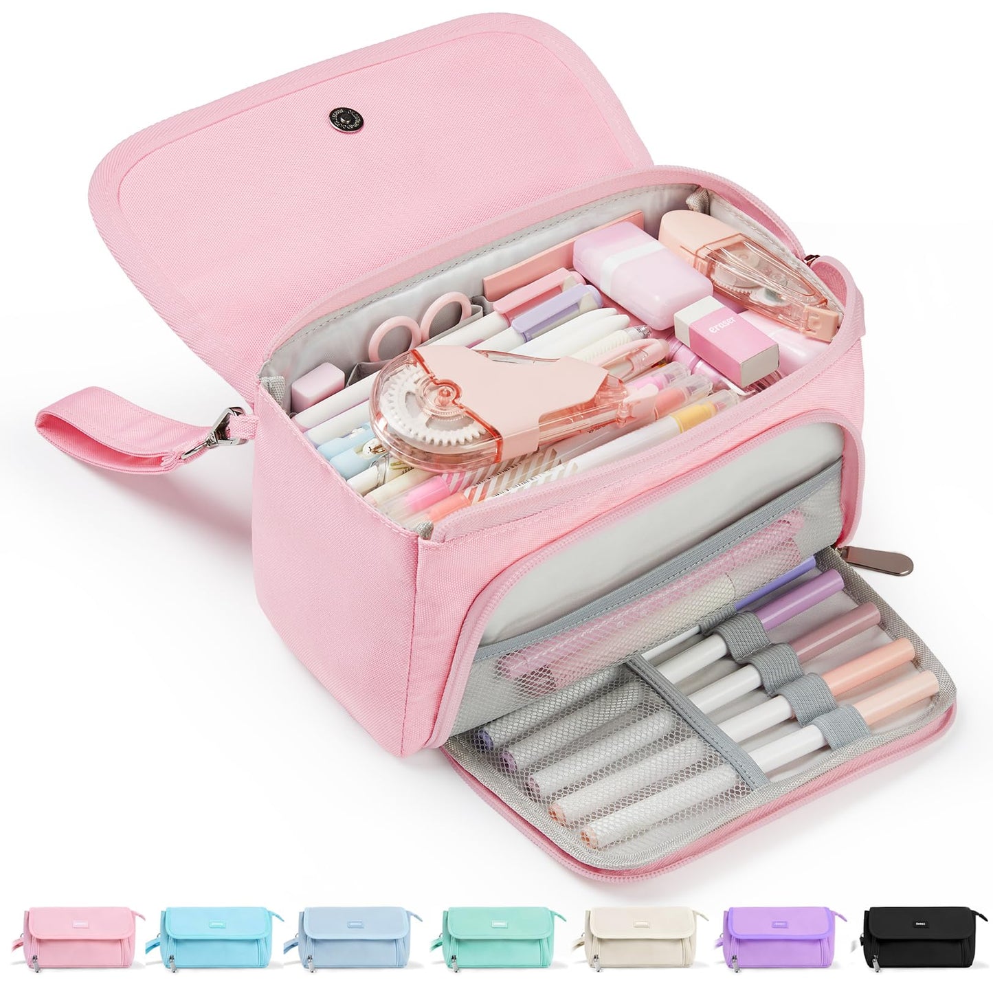 Sooez Super Large Pencil Case, Big Capacity Pencil Bag with 3 Compartments, Hold 200 pencils, Cute Pencil Pouch with Zipper, Portable Stationery Pen Bag, Aesthetic School Supplies For Girls, Pink