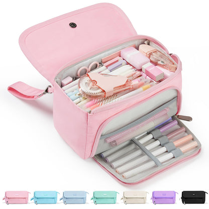 Sooez Super Large Pencil Case, Big Capacity Pencil Bag with 3 Compartments, Hold 200 pencils, Cute Pencil Pouch with Zipper, Portable Stationery Pen Bag, Aesthetic School Supplies For Girls, Pink