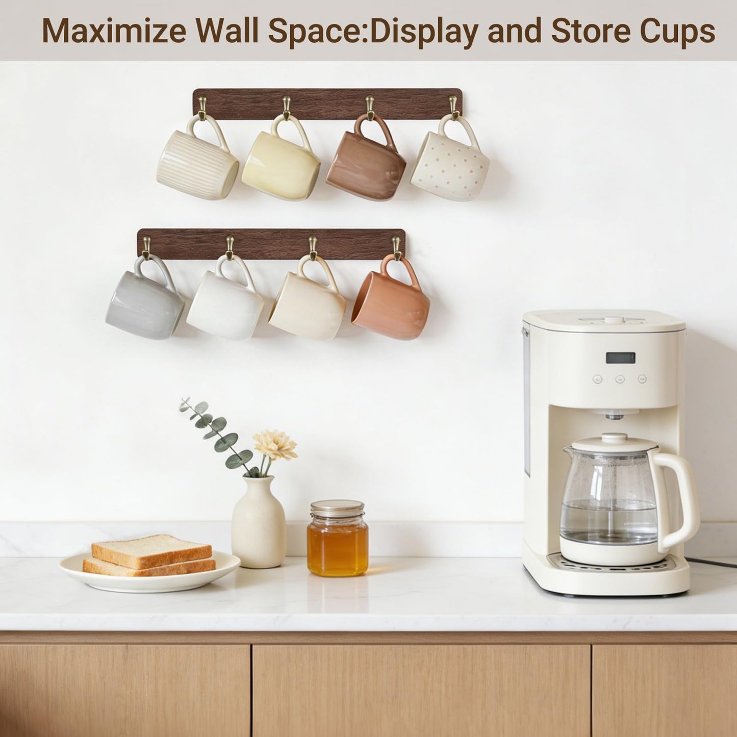 Mkono Coffee Mug Holder Wall Mounted Rustic Coffee Mug Rack with 8 Hooks Metal Display Shelf Wooden Tea Cup Organizer Hanger for Kitchen Dining Room Cabinet Coffee Bar,Set of 2 (Brown)