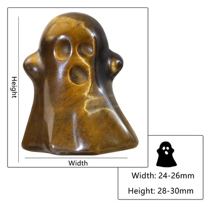 TUMBEELLUWA 2PCS Halloween Ghost Figurine Carved Crystal Statue Energy Stone Mini Collectible Sculpture Ornament for Haunted House Mantel Decor, Tiger's Eye Stone