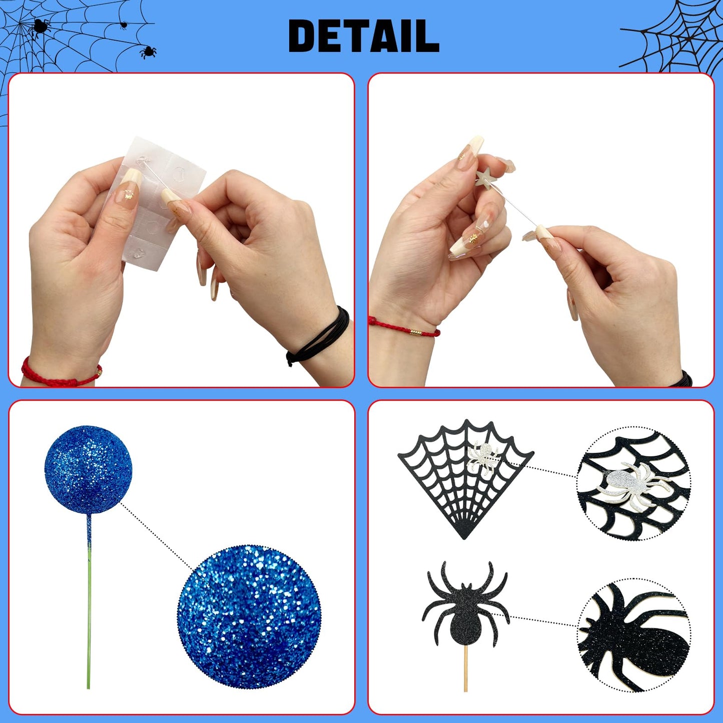 Morofme Spider Cake Topper Spider Web Cupcake Decorations Spiders Theme Cake Decor Glitter Happy Birthday Toppers Stars Red Silver Blue Balls Cupcake Topper for Boys Men Baby Shower Party Supplies
